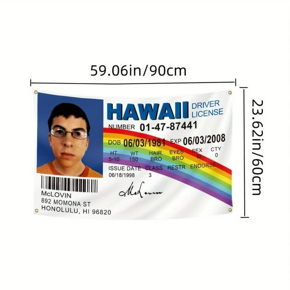 McLovin ID Flag Fake Driver's License Flag, Funny Poster and Durable Cave Wall Flag with Brass Grommet for College Dorm Decor, Outdoor, Party, Gift, Tailgate