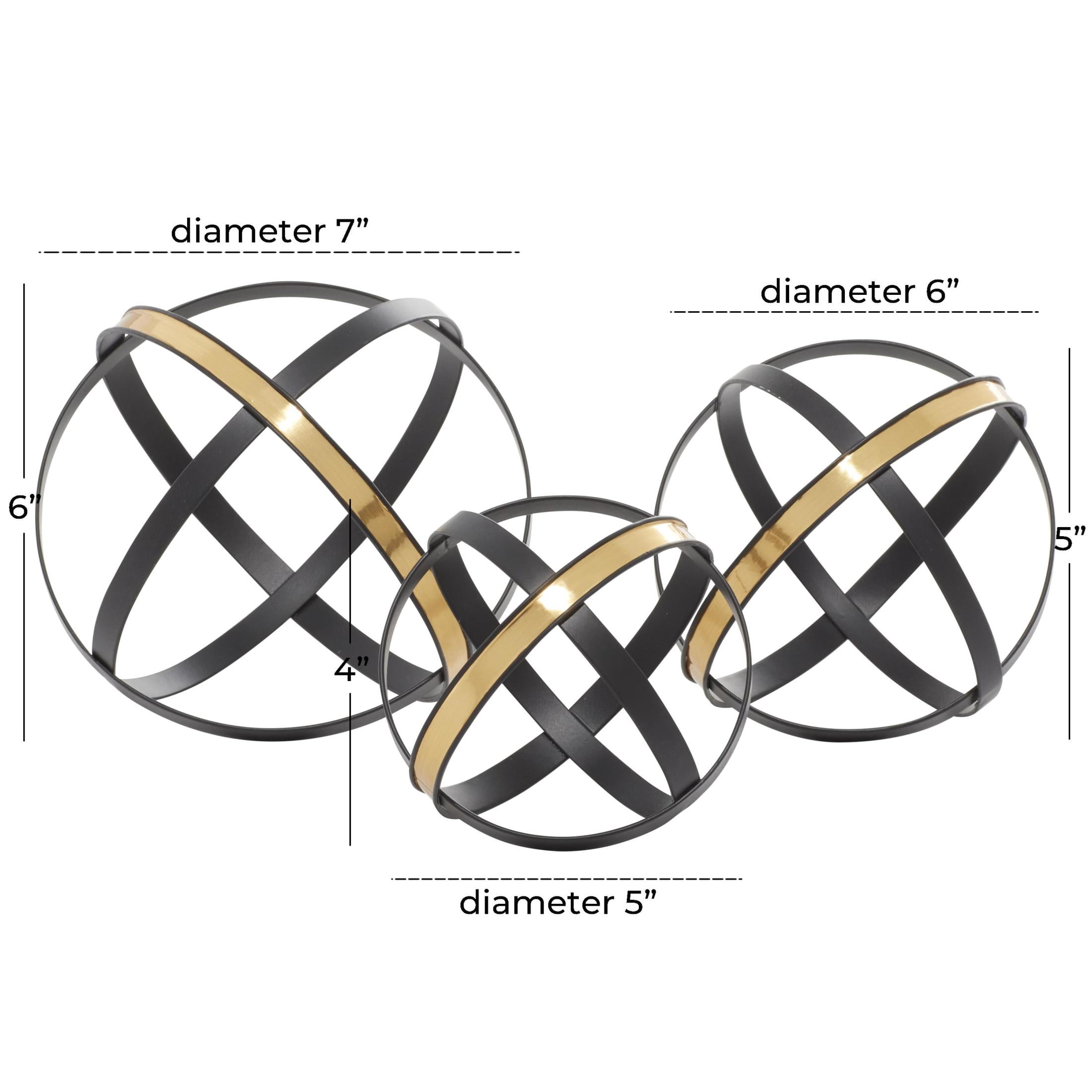 6", 5", 4"H Black Metal Orb Geometric Sculpture with Gold Accents, by DecMode (3 Count)