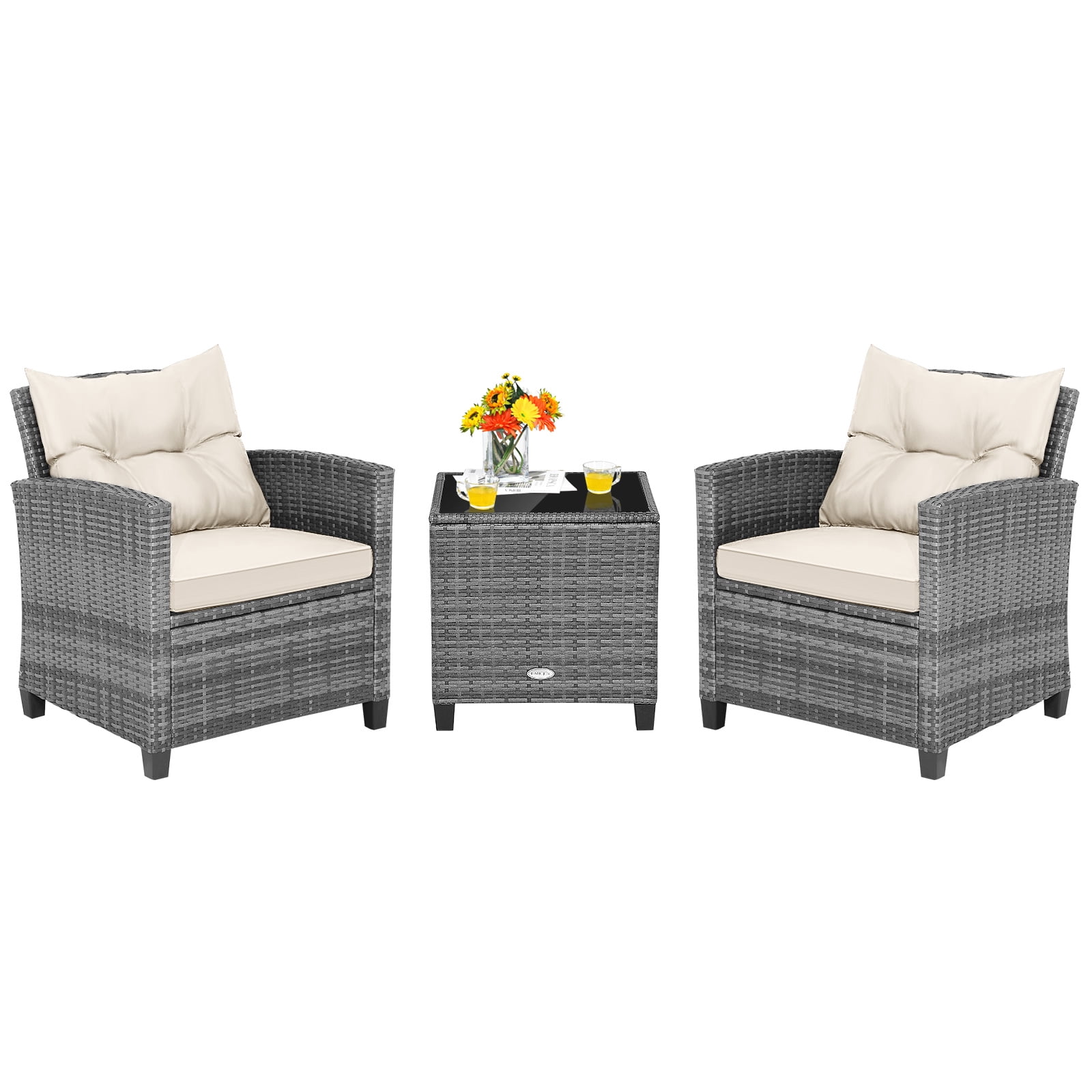 Costway 3PCS Patio Rattan Furniture Bistro Set Cushioned Sofas Side Table Armrest Beige,Mix Gray