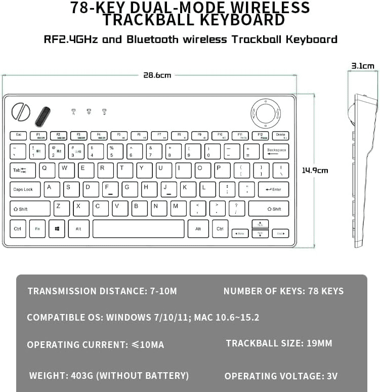 JOMAA 78 Keys Dual Mode Bluetooth Wireless Trackball Keyboard for Windows Mac iOS Android Computer Tablet Desktop