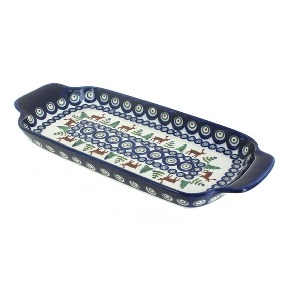 Blue Rose Polish Pottery Reindeer Pine Bread Tray with Handles