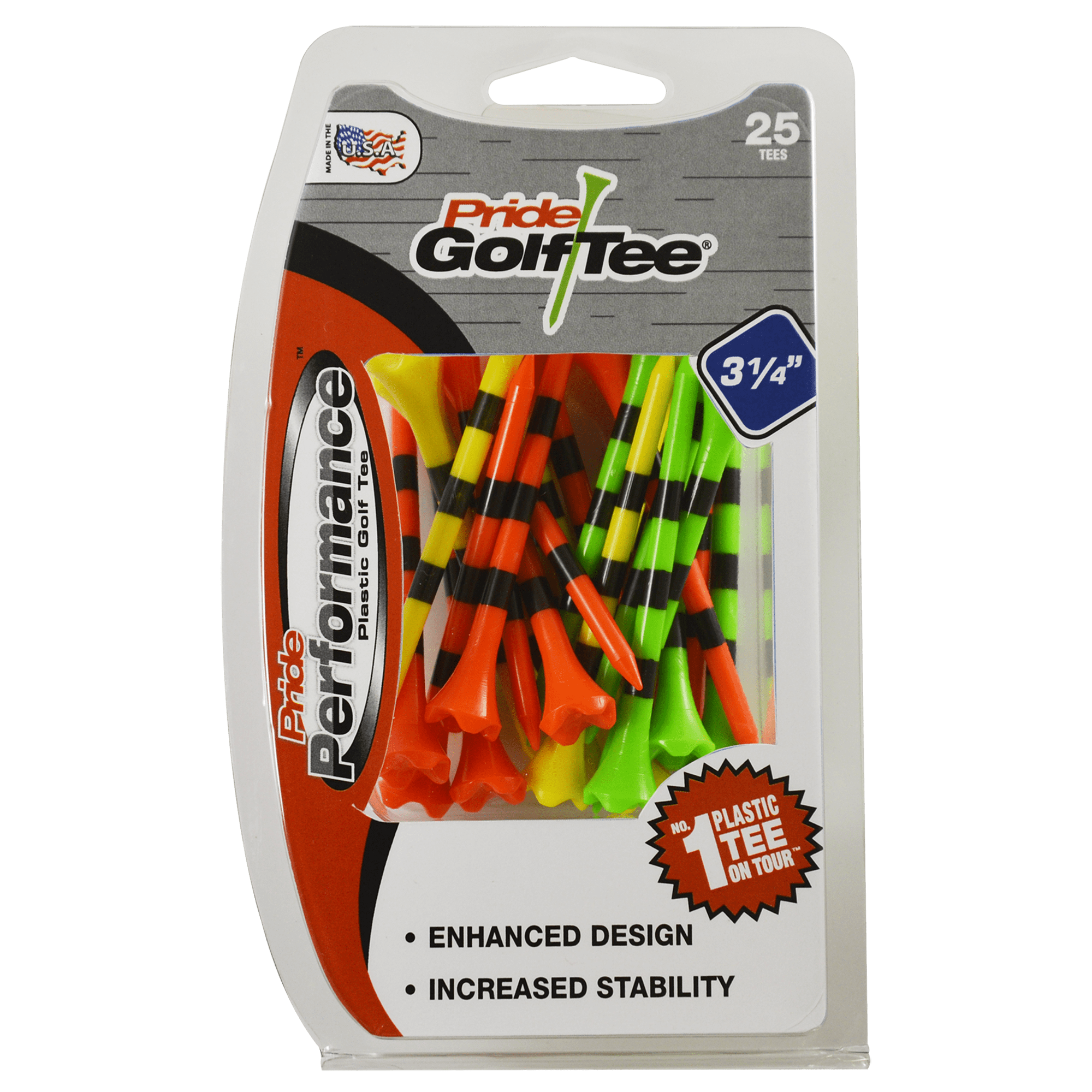 PrideSports Pride Performance Plastic Golf Tees, 3-1/4" Length, Striped Fruit Mix, 25 Count, Low-Resistance Head for Golf, Longer Drives, Durable Plastic