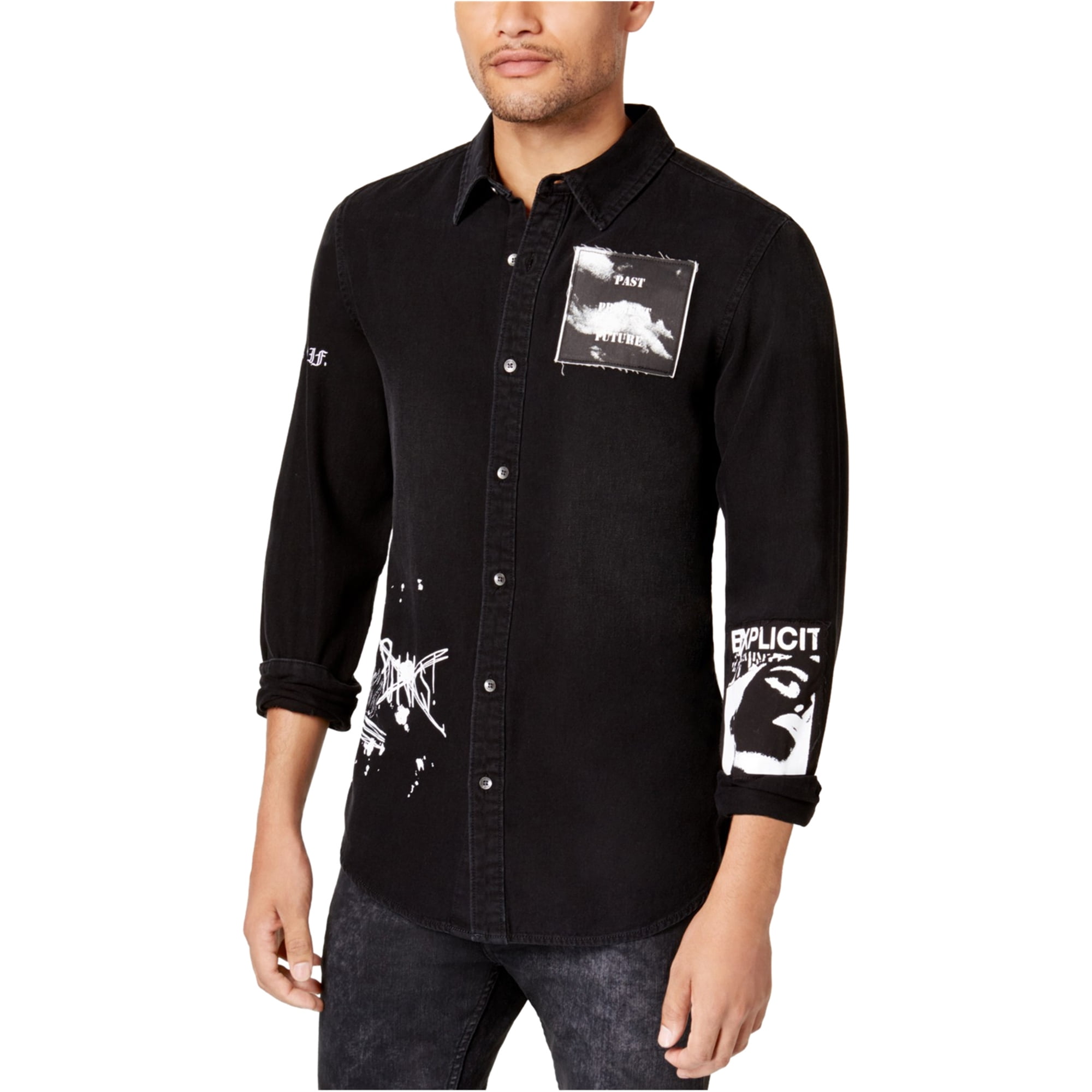 GUESS Mens Rebel Denim Patch Button Up 