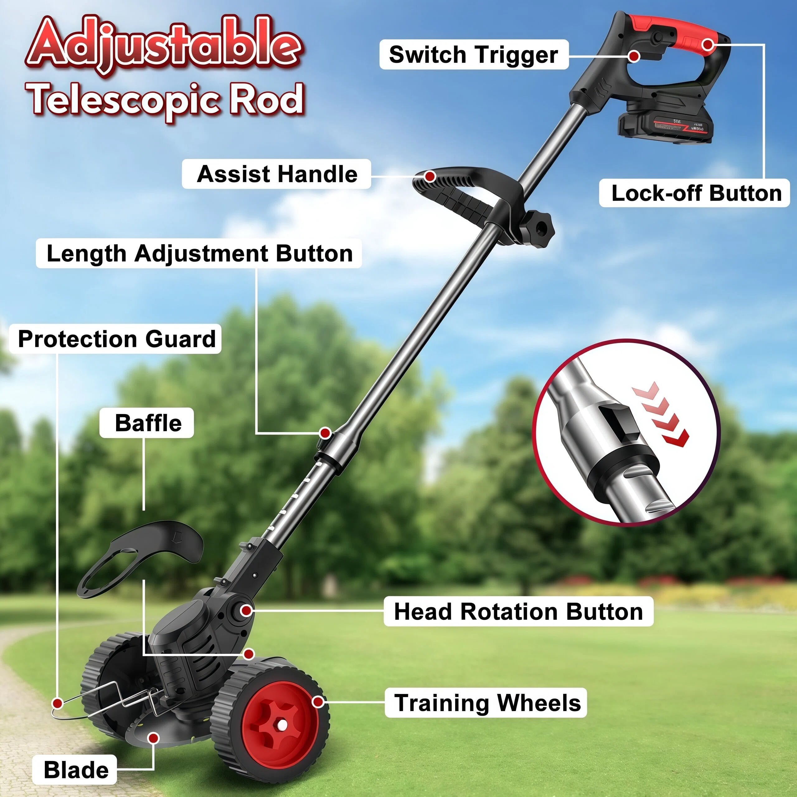 Teblint 650W Electric Weed Wacker, Cordless String Trimmer, Weed Eater Grass Trimmer/Edger/Cutter with Wheels, 2Pcs 21V Batteries, 5 Types of Blades, Adjustable Length for Lawn Yard Garden (Black)