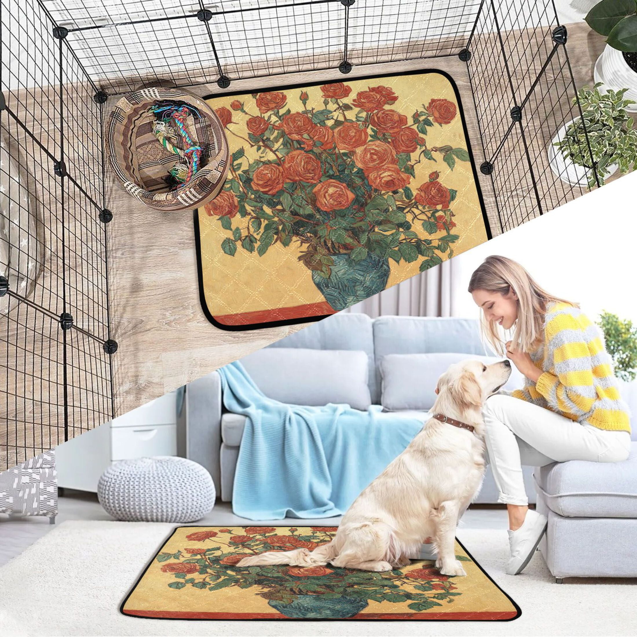 Qxltty Oil Painting Patterns for Red Rose Pots Cat litter Pads Pet Set of 2 Diaper Mats Center Anti-leakage Layer Absorbent Soft and Comfortable