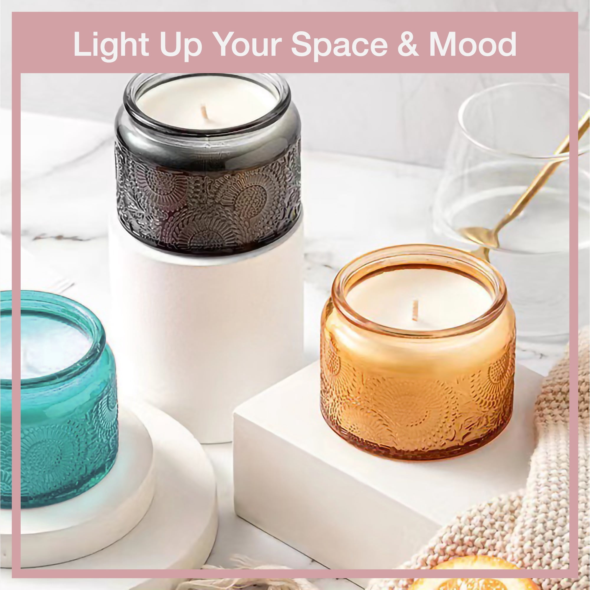 LINGSHINE 4 oz Mini Glass Food Storage Jars with Reusable Bamboo Lids, 12-Count 6 Colors Embossed, Home Décor Candle Making Parties Wedding Baby Shower Favors Gift