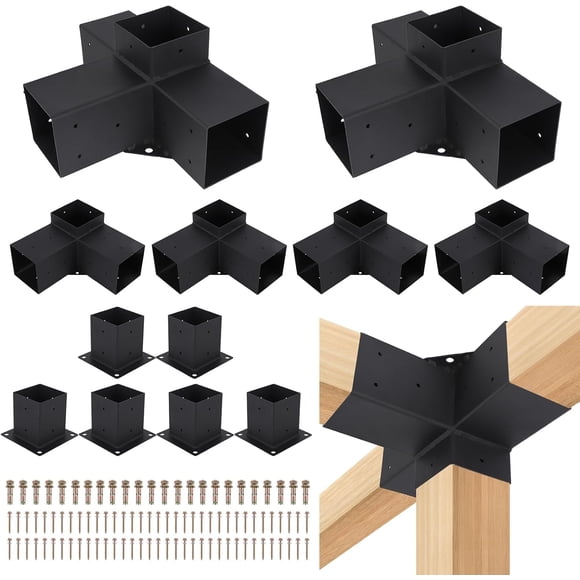 4inx4in Pergola Bracket Kit - 12-Piece DIY Corner and Base Brackets for Gazebos Patio Pergolas Log Cabins Black Powder-Coated Steel