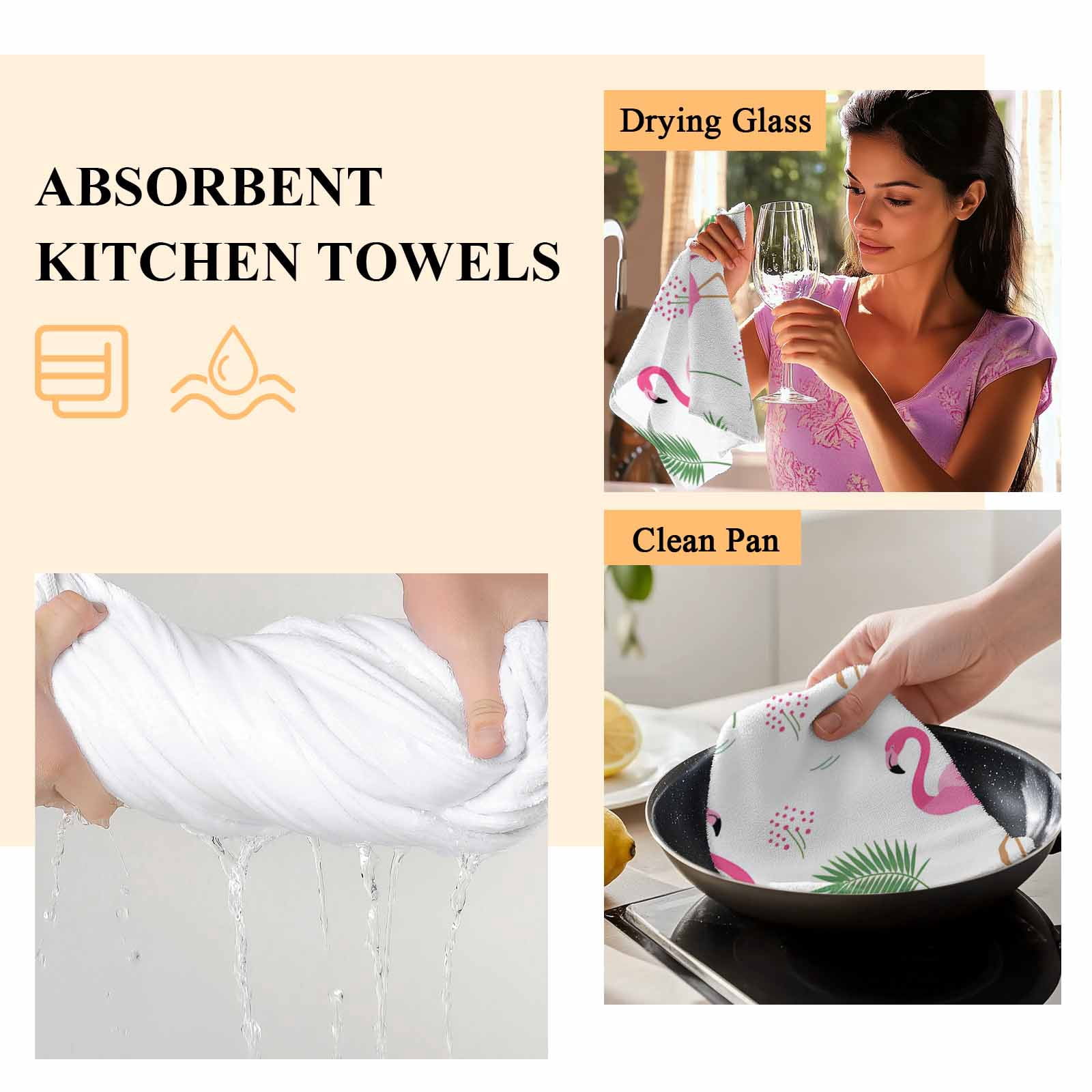 Pink Flamingos Kitchen Towel Dish Cloths Set of 2, Microfiber Soft Kitchen Hand Towels, Summer Green Tropical Palm Leaves Absorbent Quick Drying Dishcloths 18 x 28 Inches