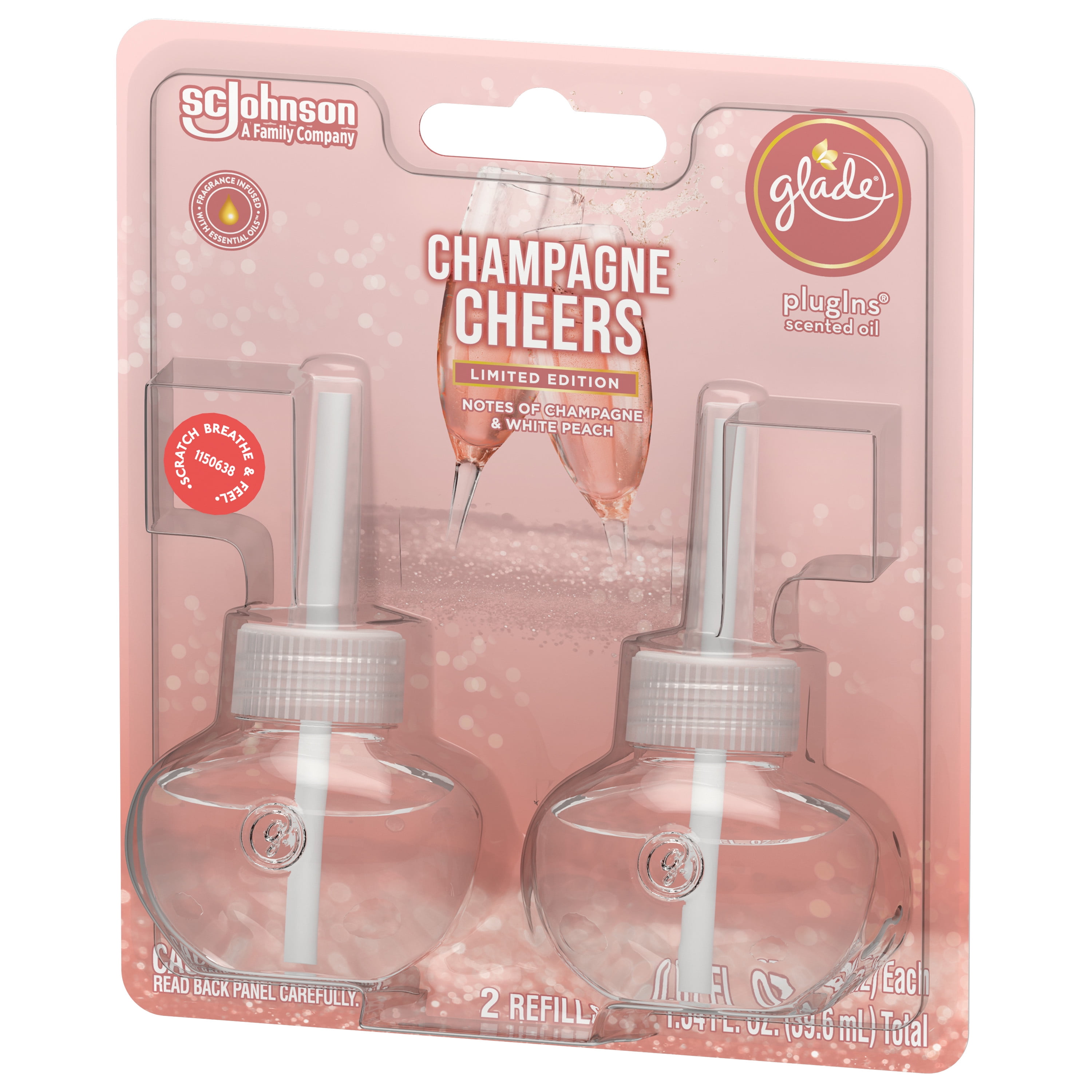 Glade PlugIns Refills Air Freshener, Scented and Essential Oils for Home and Bathroom, Champagne Cheers, 1.34 Oz, 2 Count