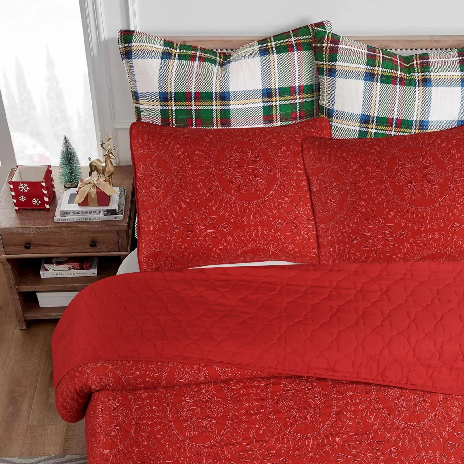 MarCielo 3 Pcs Red Christmas Quilt Bedspread Set Medallion Queen