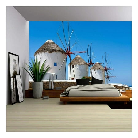 wall26 - Traditional White Greek Windmills Popular Tourist Destination on Mykonos Island, Greece, Europe - Removable Wall Mural | Self-Adhesive Large Wallpaper - 100x144 (Traditional Wallpapers 10 Of The Best)