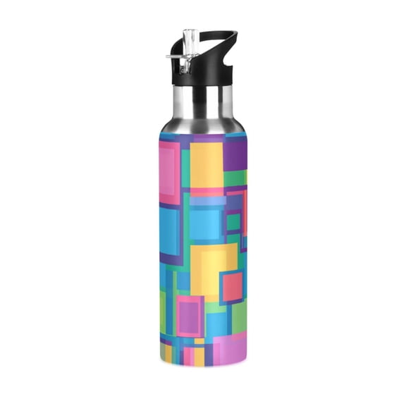 Yayeee 20oz Insulated Water Bottle Double Wall Stainless Steel with Flip Straw Lid, Colorful Geometric Pattern