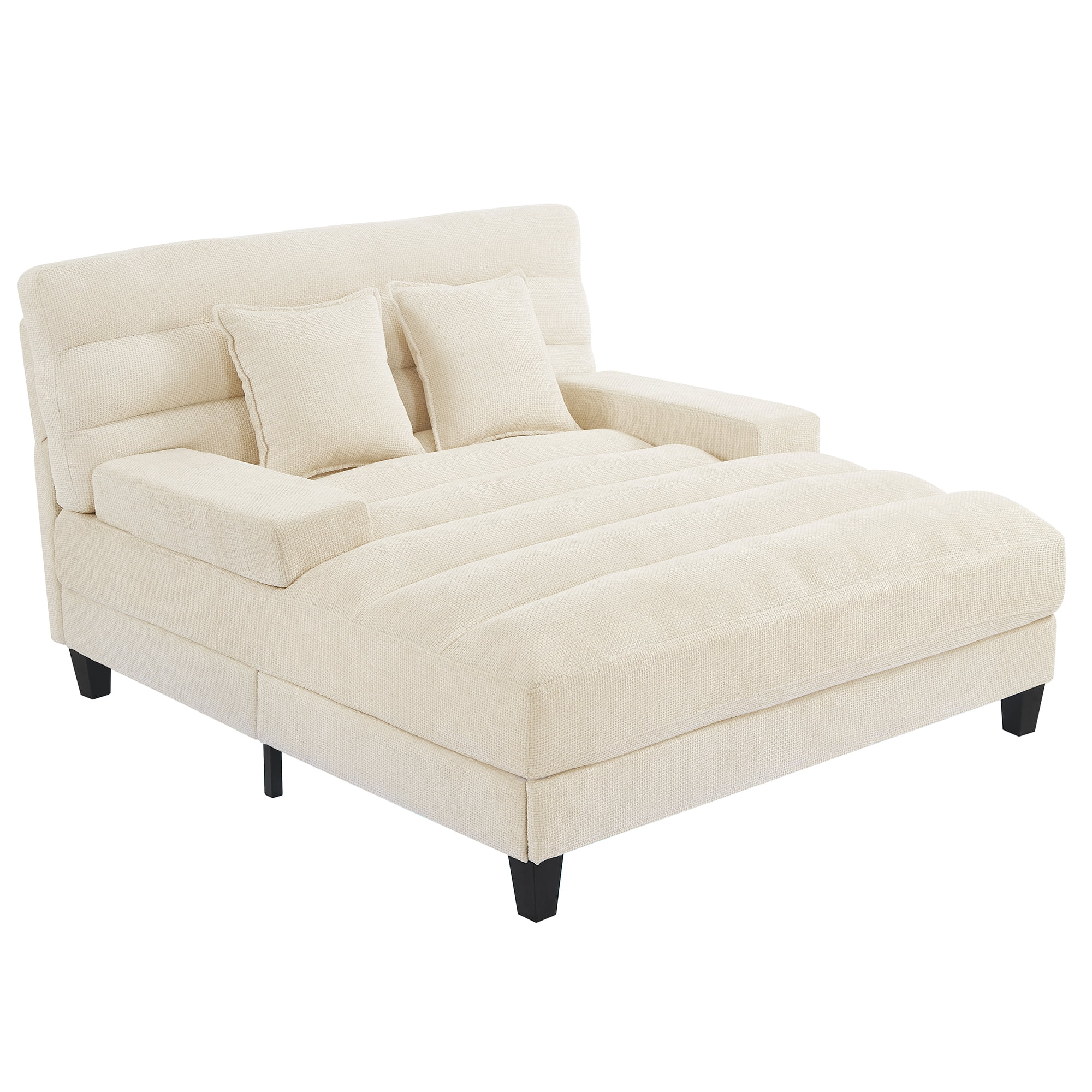 Euroco Modern Chaise Lounge Sofa 57.1" Sofa Bed Chenille Upholstered Lounge Sofa Chair with Adjustable Backrest and LED Light Strip for Living Room, Beige