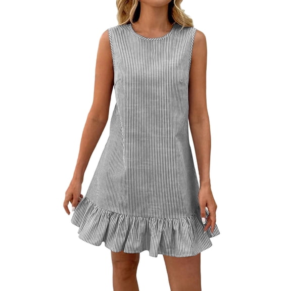 PBFRDSJ Summer Dresses for Women Crewneck Sleeveless Striped Sundresses Ruffle Hem Cotton Linen Midi Dress