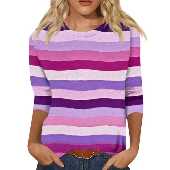 LWavelet Crew Neck Stripe Print Blouse Womens Plus Size 3/4 Sleeve Loose Fit Comfortable Daily Top Purple 3XL