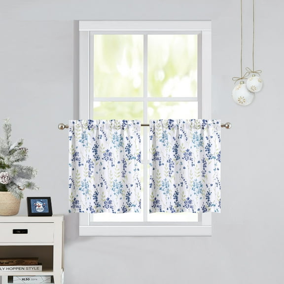Bohogeo Watercolor Floral Cafe Kitchen Curtains, Blue Botanical Flower Leaves Print Farmhouse Rod Pocket Tier, Colorful, Set of 2, 28" W x 36" L