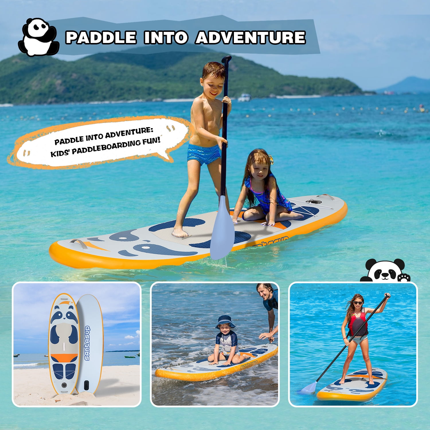 Santasup Kids Inflatable Paddle Board, 8ft Blue Panda with Paddle Board Accessories for Kids, Stand Up Paddle Board Durable, Stable Design, Wide Non-Slip Deck, Hand Pump for Youth & Kids