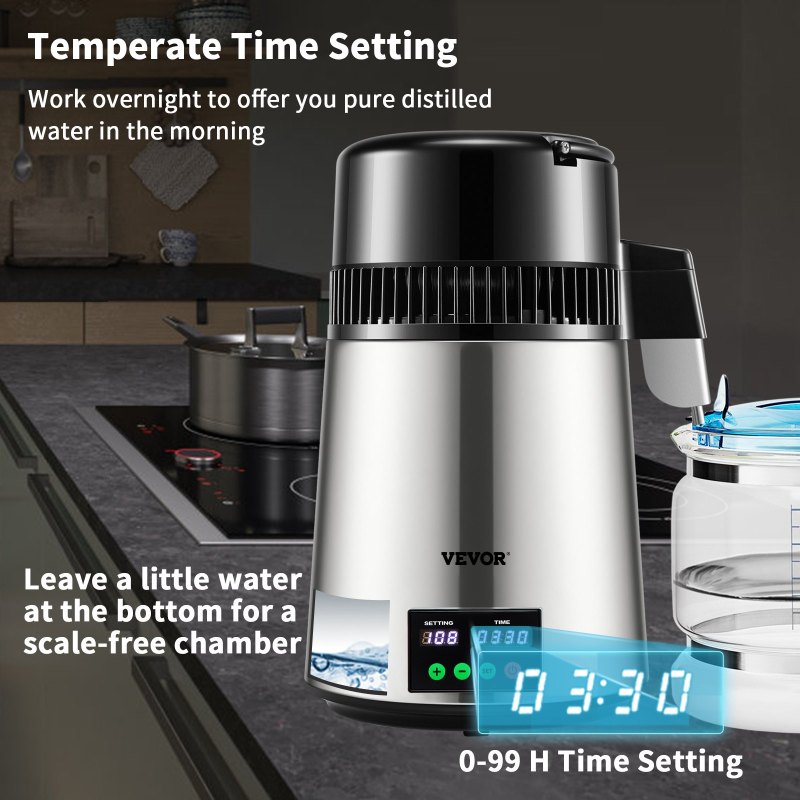 1.1 Gal Water Distiller, 0.3 Gal/H, 750W Distilled Water Maker Machine 0-99H Timing Set Temp Display