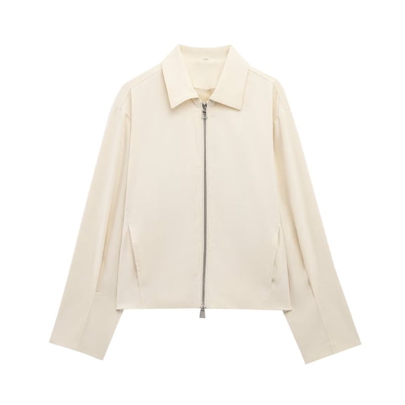 safuny Women's Fall Collar Lightweight Solid Color Jacket Casual Front Full Zipper Coat for Fall Winter Beige _f L