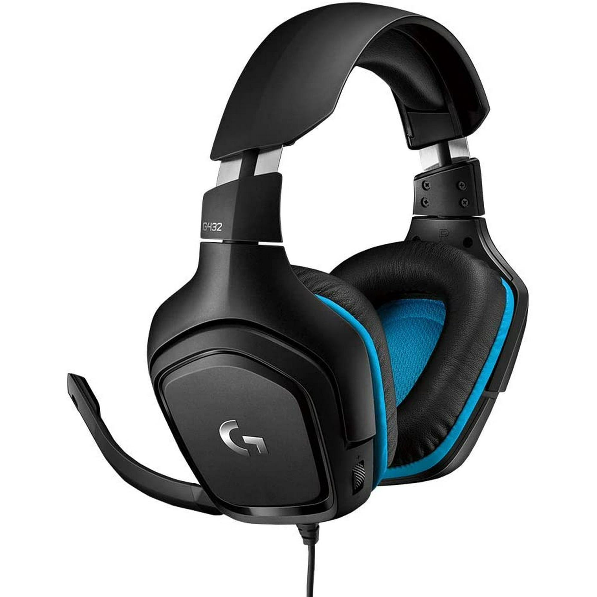 Logitech G432 DTS X 7.1 Surround Sound 3.5mm Wired PC Gaming Headset with USB Adapter and 3.5mm Y Splitter Dual Cable For Separate Mic and Headphone Jacks Leatherette Black Blue Refurbished