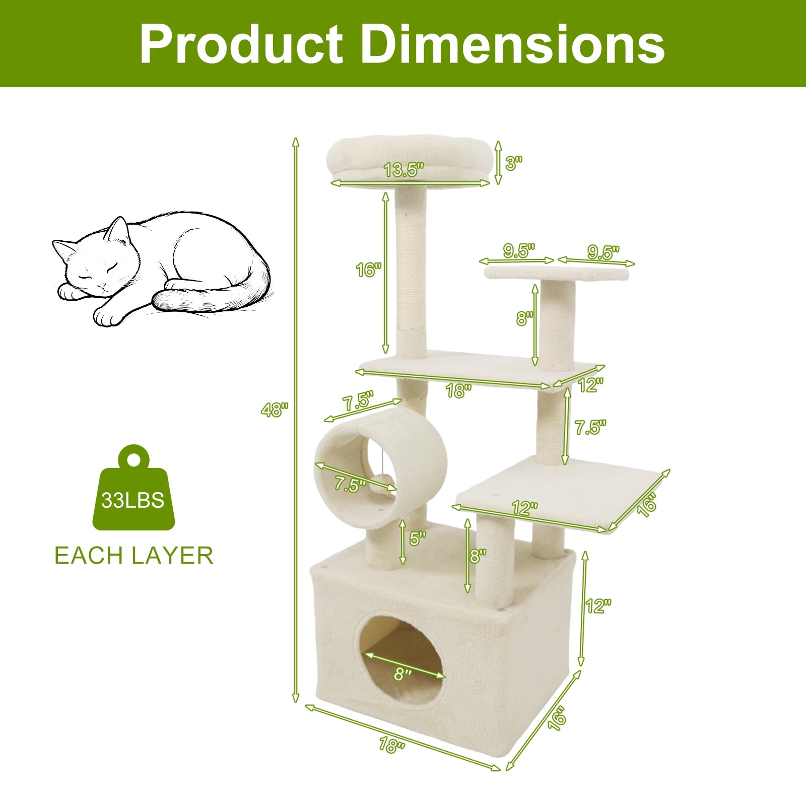 Gymax 48'' Tall Cat Tree w/ Large Condo Padded Top Perch Jute Scratching Post Tunnel Beige