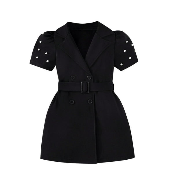 Odeerbi Niñas Verano Blazer Vestido Notched Lapel Doble Pechera Cinturón Vestido Trabajo Oficina Manga Corta