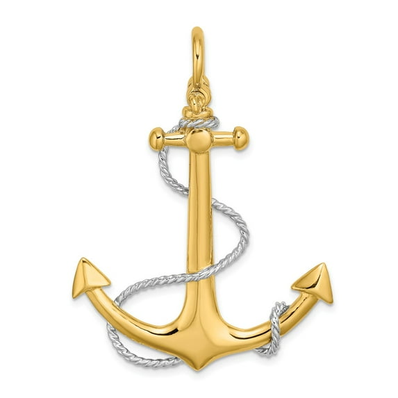 FB Jewels 14k White and Yellow Two Tone Gold 3D Large Anchor with white Rope and Flat Tips shackle Bail Pendant
