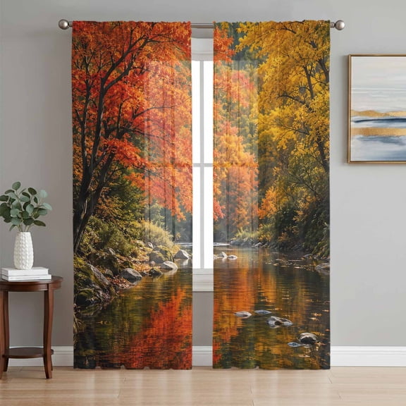 Fall Forest Sheer Curtains 63 Inch Length 2 Panels Set, Rustic Maple Trees River Nature Scenery Voile Window Treatment Rod Pocket Curtains Sheers Drapes for Bedroom/Living Room/Kitchen 52x"63"x2