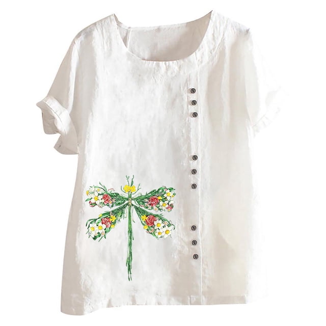 Leutsin Womens Plus Size O-Neck Short Sleeve Print Buttons Cotton Linen Vintage Tops
