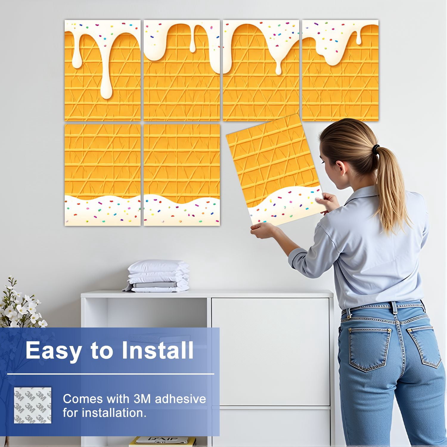 8 Pack Art Acoustic Panels Sound Absorbing Ice Cream Cone Dripping White Glaze Wafer Texture Abstract Decorative Soundproof Wall Panels Self Adhesive for Nursery Game Room Bedroom 48"x32"