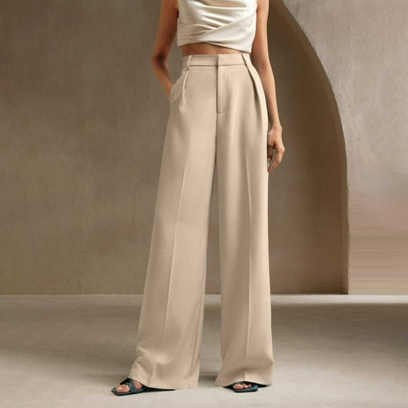 Ovbmpzd Wide Leg Pants for Women Dressy Beige Twill Slacks High Waisted Pleated Flat Front Business Casual Trousers for Women L