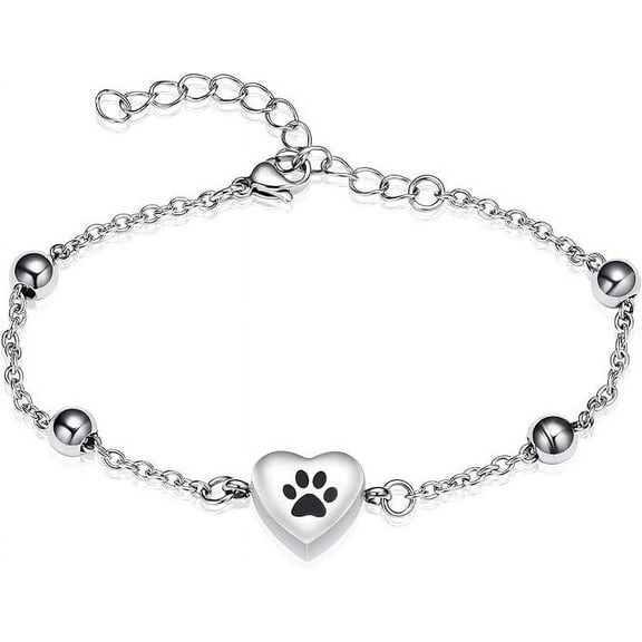 Pet Paw Urn Bracelet for Ashes Adjustable Heart Cremation Bracelet for Pets Ashes Stainless Steel Dog Cat Cremation Jewelry Memorial Keepsake Bangle