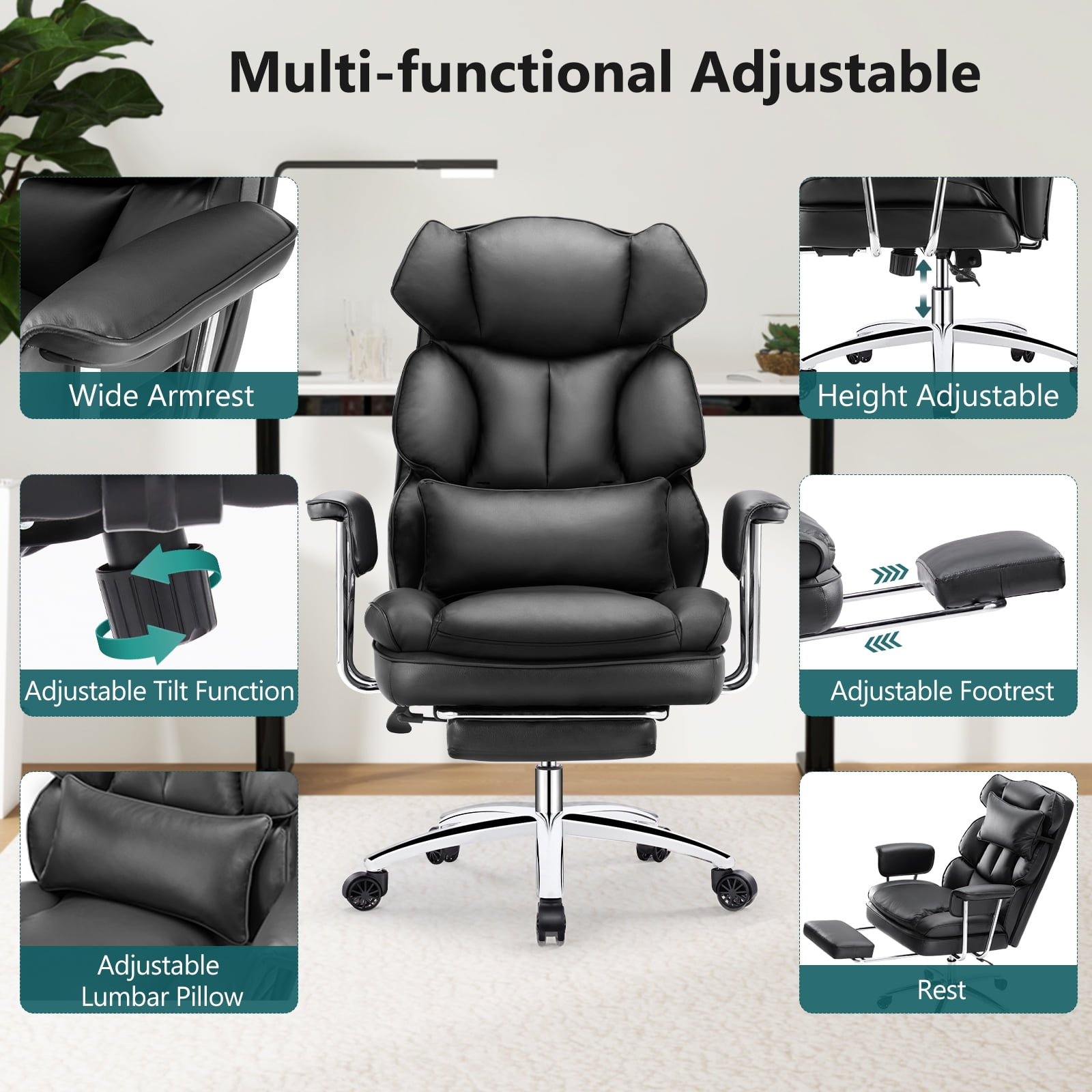 CONCETTA Executive Ergonomic Home Office Chair with Footrest & Lumbar Support, Big Tall High Back, PU Leather, Adjustable & Swivel, Black