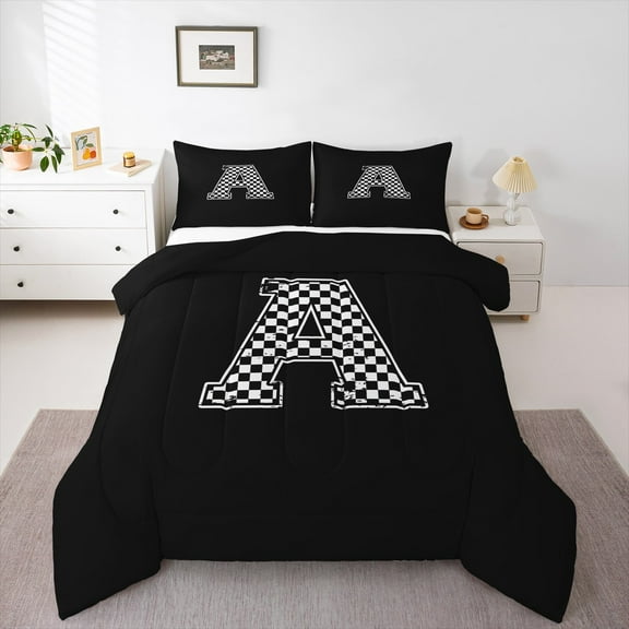 Feelyou Initial A Letter Bedding Comforter Set for Teen, Black White Monogrammed Twin Comforter Sets, Checkered Buffalo Reversible Bedding Set, Microfiber Bedroom Decor, 2pcs