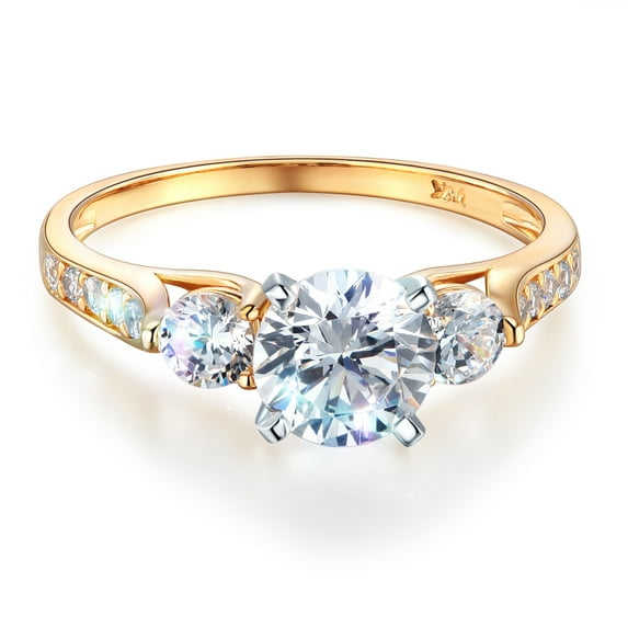 Wellingsale Ladies Solid 14k Yellow Gold Polished CZ Cubic Zirconia Round Cut Three 3 Stone Engagement Ring with Side Stones - Size 8