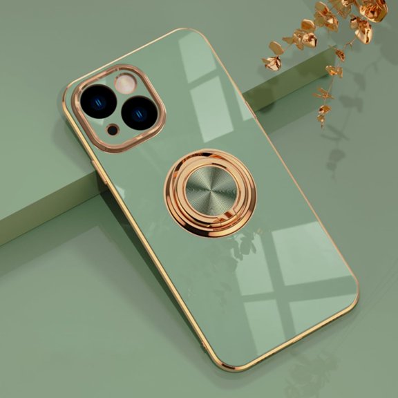 for iPhone 15 Case, iPhone 15 Phone Case with 360 Ring Stand Kickstand Slim Thin Fit Flexible TPU Golden Bumper Shockproof Non-Slip Women Men Protective Cover, 6.1"-Light Green
