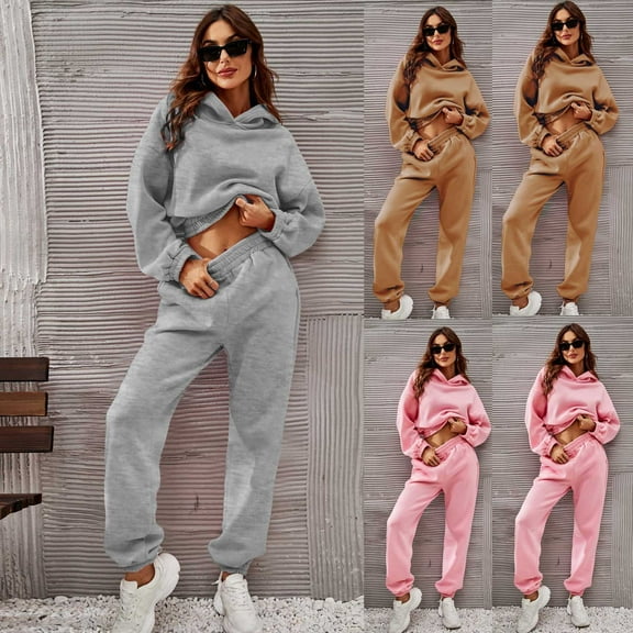 Brondbend Sweat Outfits for Women 2 Pieces Woman Hoodies Long Sleeved Pullover Solid High Waist Jogger Outfits Fashion Loose Tracksuits Athletic Fall Winter Sets Brown