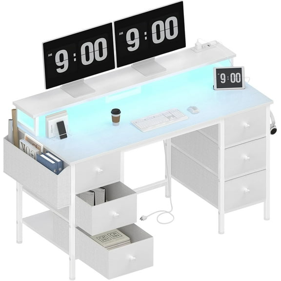 White Gaming Desk with Drawers & Storage Shelves, 47 inch Home Office Desk with Monitor Stand, Computer Desk with LED Lights and Power Outlets, White