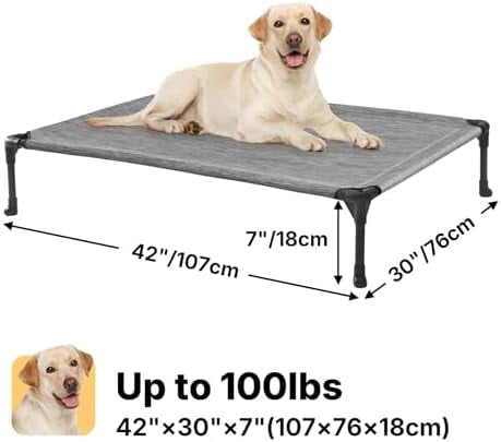 Outdoor Elevated Dog Bed Large Sized Dogs, Large Cooling Raised Dog Cots Beds Training Platform Off Ground Hammock with Breathable Mesh, No-Slip Feet, 42"x30", Black Silver