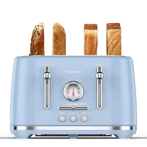 LONGDEEM 4 Slice Toaster, 6 Browning Options, Wide Slots, High Lift Lever, Dual Controls, Blue