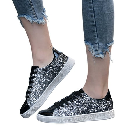 

Huanghuaa Ladies Lace Up Board Shoes Colourful Sequins Fine Glitter Casual Low Top Single Shoes Loafers Flat Shoes Womens Business Casual Shoes Size 8