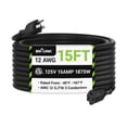 thumbnail image 1 of BN-LINK Rallonge Extérieure de 15 Pi, 15 Ampères, Cordon d'Alimentation Robuste 12/3 SJTW, Prise de Mise à la Terre à 3 Broches, Résistant aux Intempéries, 1875 W, Noir, pour Pelouse, Jardin, 1 of 7