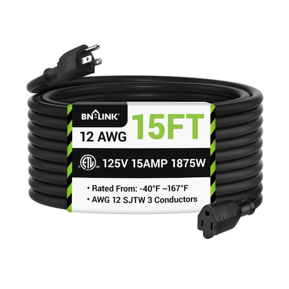 BN-LINK 15ft Outdoor Extension Cord, 15amps,12/3 SJTW Heavy Duty Power Cord, 3-Prong Grounded Plug, Weather Resistant, 1875W, Black, for Lawn, Garden