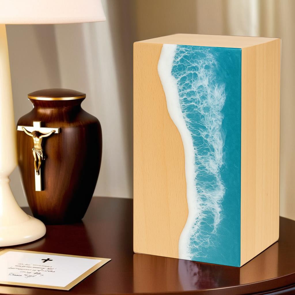 Wooden Urns for Human Ashes Adult Cremation Urns for Human Ashes Ocean Wave Design Wooden Urn Box Memorial Cremation Urn Box for Human & Pet Ashes