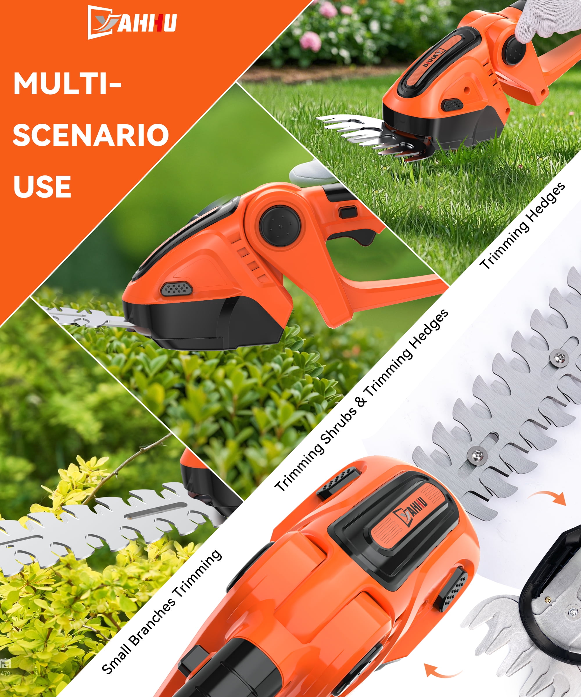 YAHHU Cordless Hedge Trimmer, 3 in 1 Handheld Electric Grass Trimmer , Trimmer for Bush,Tree, Garden, Patio and Lawn