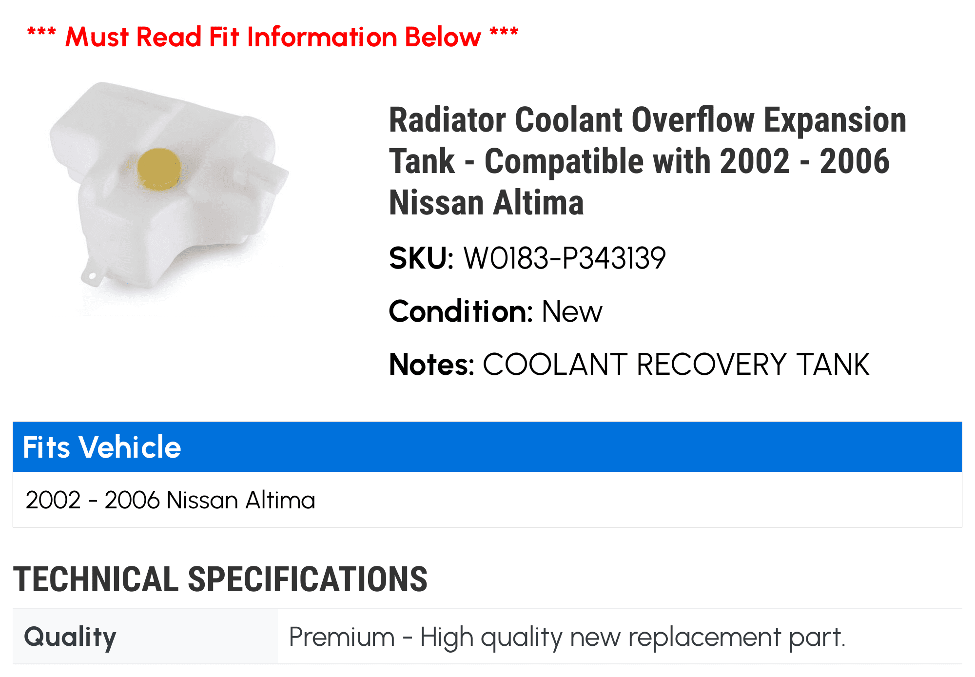 Radiator Coolant Overflow Expansion Tank - Compatible with 2002 - 2006 Nissan Altima 2003 2004 2005