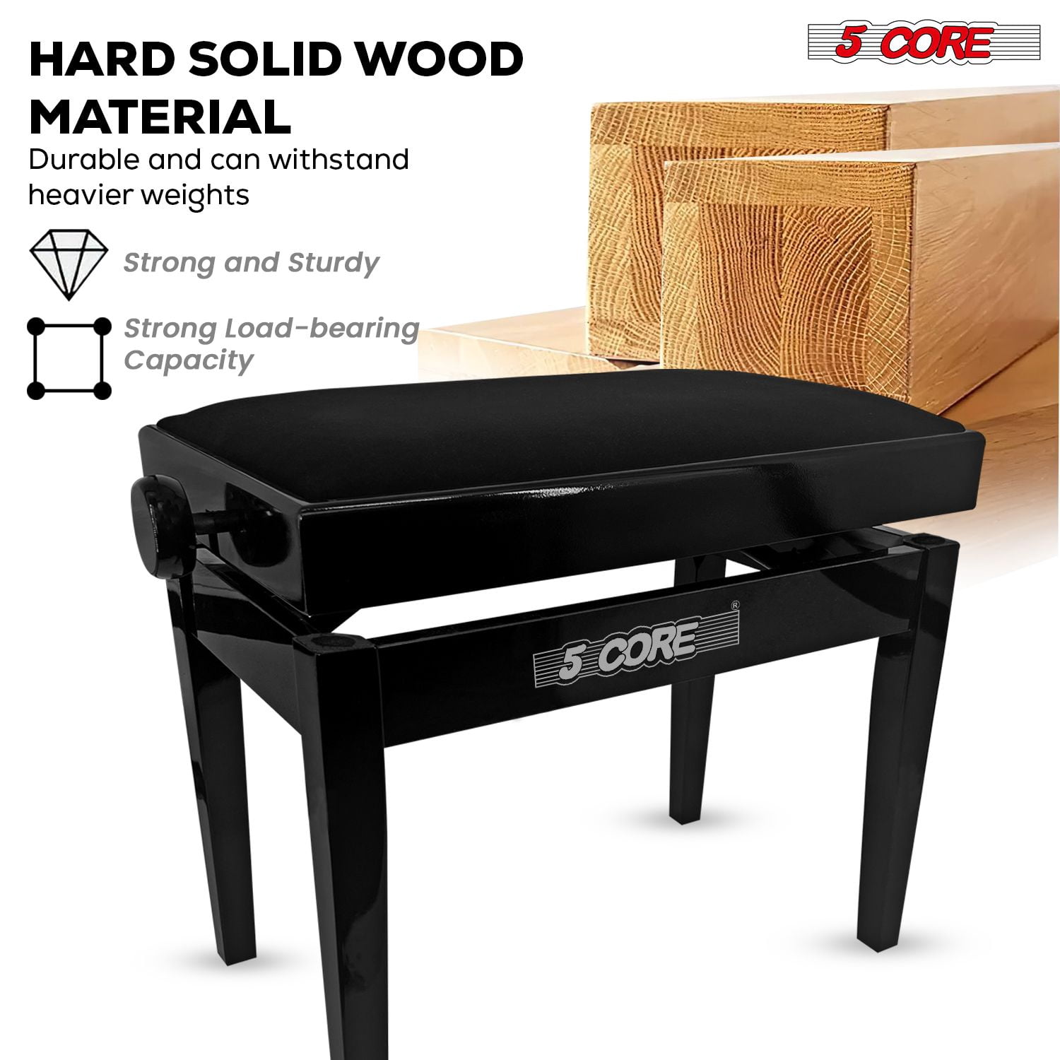 5 CORE Adjustable Piano Bench Thick 3.25" Padded Solid Wood Keyboard Bench Heavy Duty Stool Super Stable Musician Chair