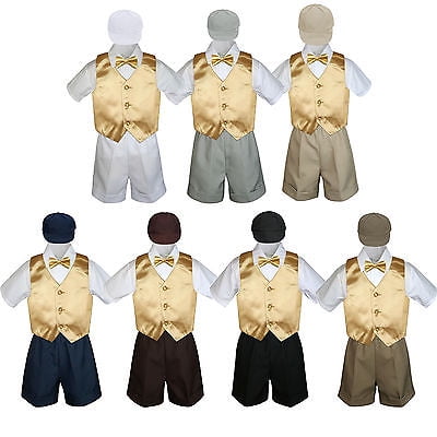 

Boy Toddler Formal Mustard Yellow Vest Bow Tie White Black Navy Hat 5pc Set S-4T