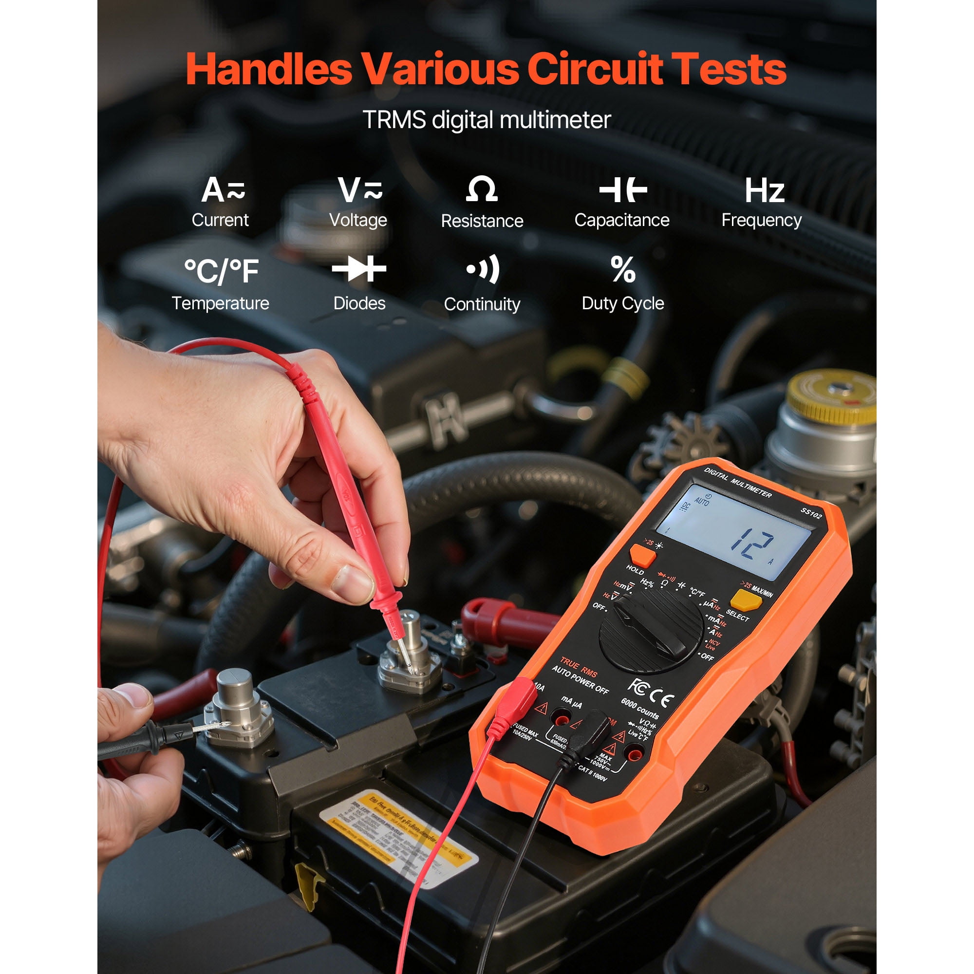 KFFKFF Digital Multimeter, 6000-Count TRMS AC/DC Voltage and Current Tester, Professional NCV Meter for Measuring Voltage, Current, Resistance, Capacitance, Temperature, Diodes, Continuity