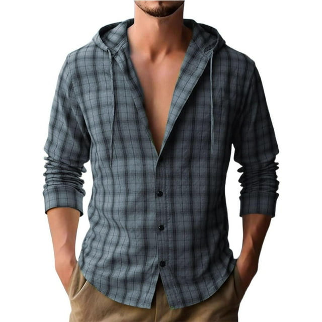 Checked Shirt for Mens Front Button Down Long Sleeve Lapel Blouses Open Front Ultra Soft Textured Sweatshirt Relaxed Fit Casual Warm Blouses Athletic Running Gym Workout Clothes
